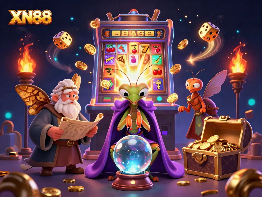 Win big with XN88 at the vibrant casino scene featuring magical characters and jackpot elements.
