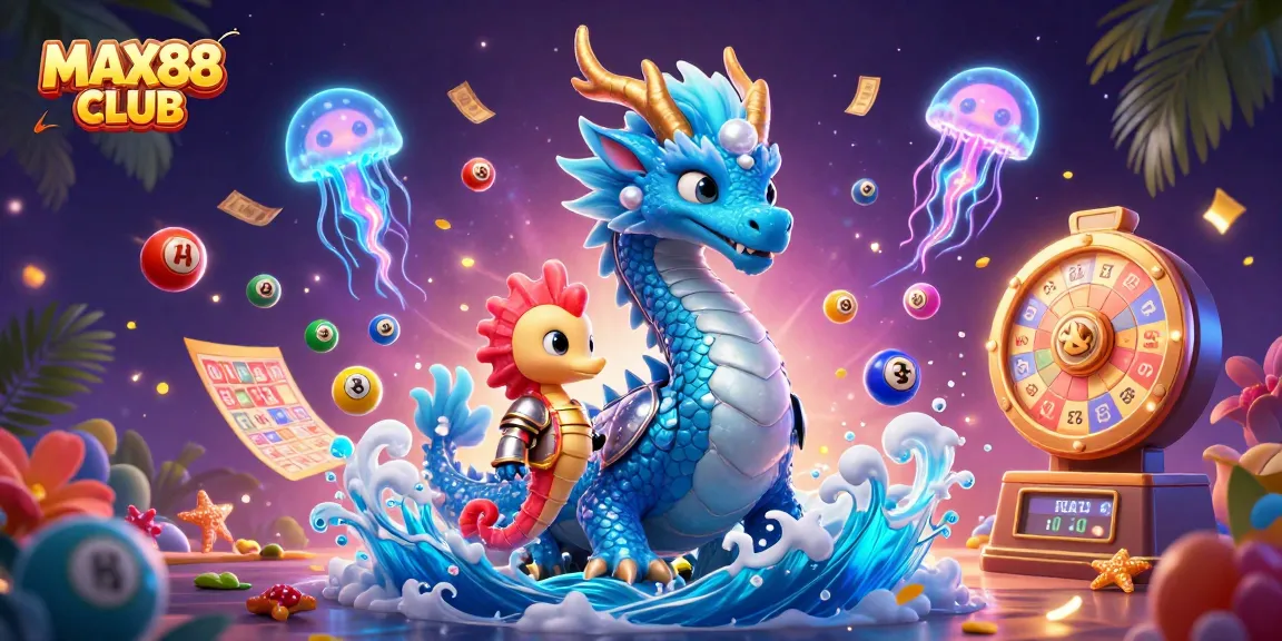 Experience excitement with MAX88 CLUB, featuring a vibrant scene of dragons, lotus balls, and casino elements.