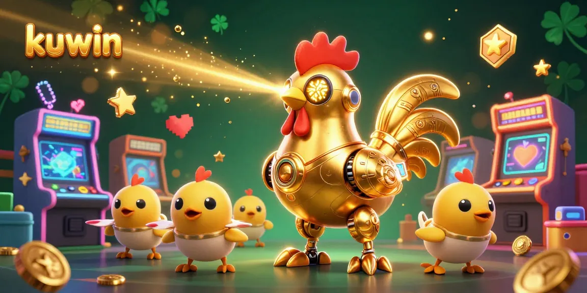 Kuwin players engage in thrilling live casino experiences with a lively golden rooster robot amidst vibrant arcade game elements.