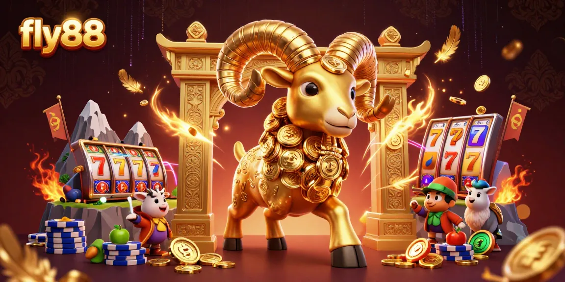 Experience thrill with fly88, featuring a charging golden ram and vibrant slot game elements.