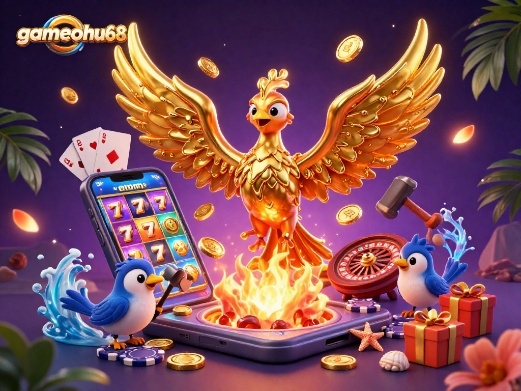 Experience gamenohu68's vibrant casino energy with a rich 3D illustration of a golden phoenix and dynamic game elements.