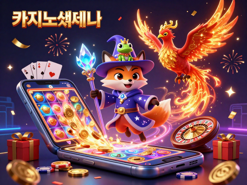 카지노사이트에서 흥미진진한 카드 게임을 즐기는 마법사와 불사조의 생동감 넘치는 일러스트