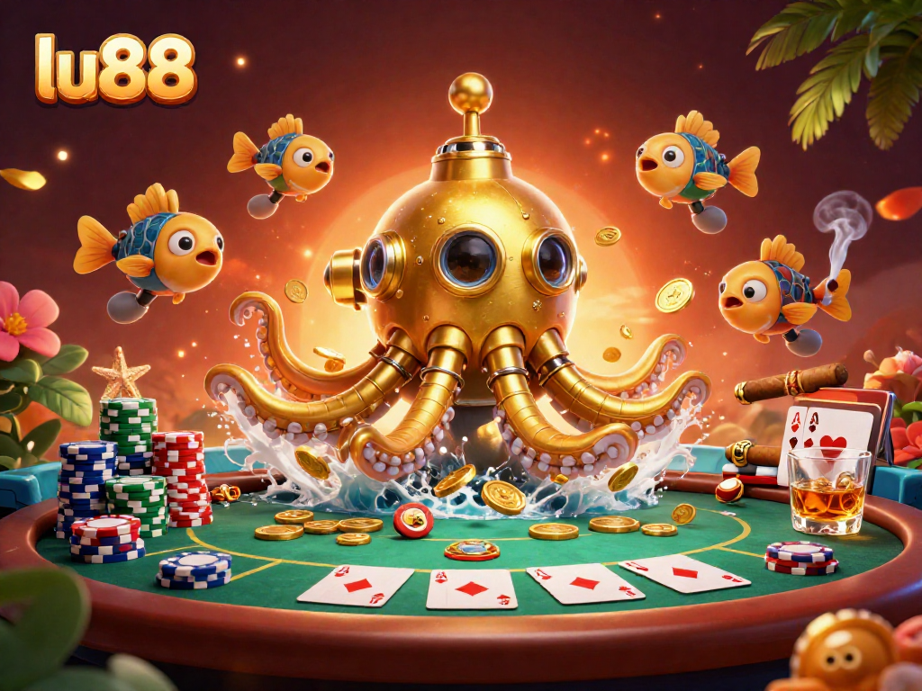 Experience the excitement of lu88, where a golden kraken submarine emerges from a sea of coins during a thrilling poker game.