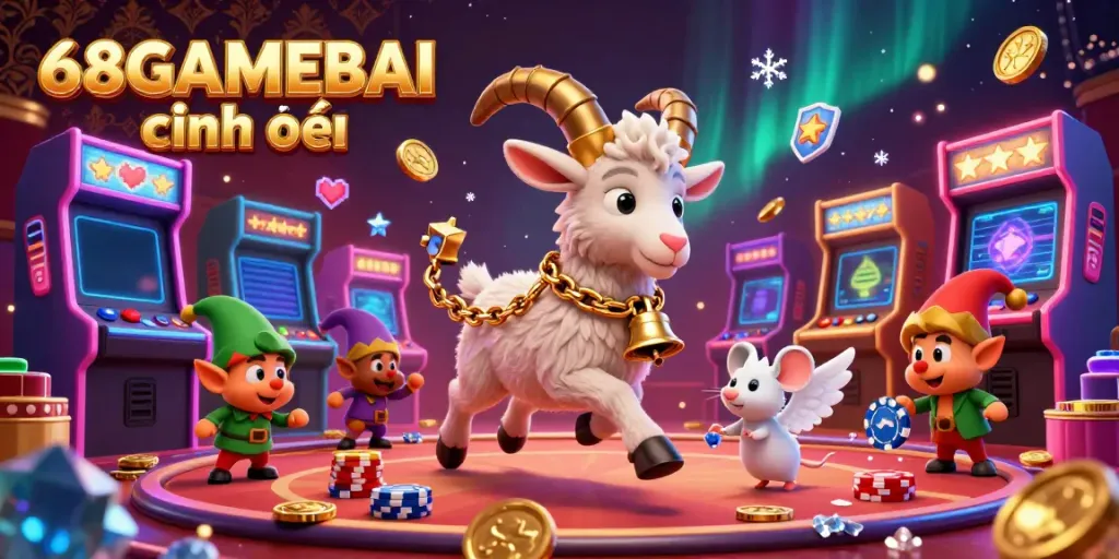 Experience the vibrant energy of 68GAMEBAI chính thức with a lively casino scene featuring Krampus, angel mouse, and gremlins.
