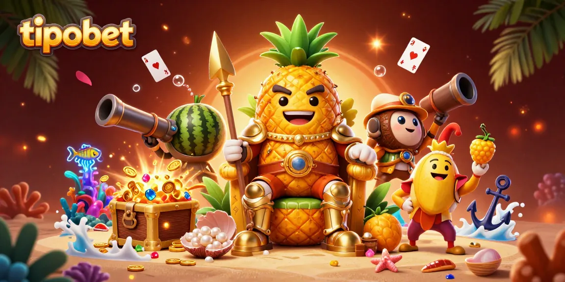 Tipobet ile eğlenceli bir casino deneyimi sunan 3D sahne, altın ananas kralı ve çeşitli karakterlerle dolu.
