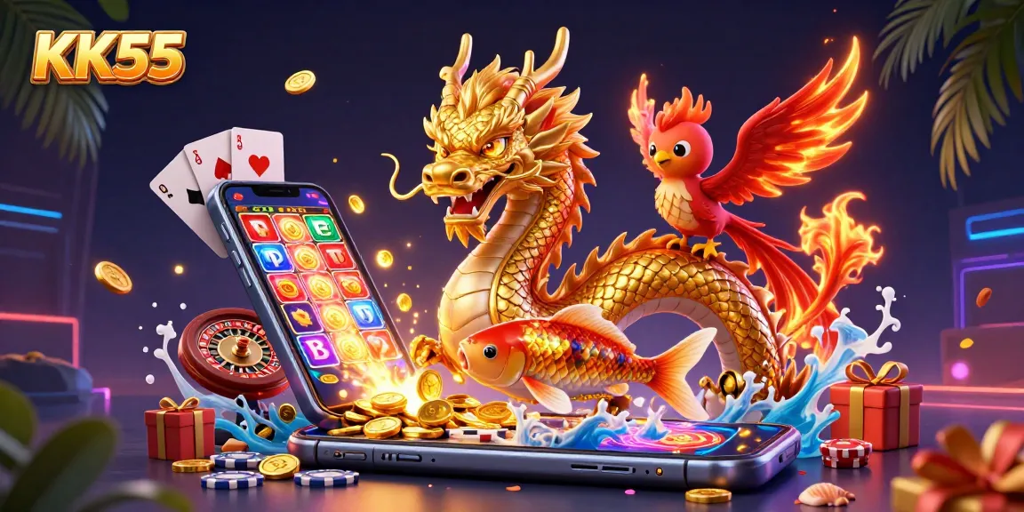Experience thrilling gaming with KK55's dazzling dragon, phoenix, and koi fish in a vibrant casino scene.
