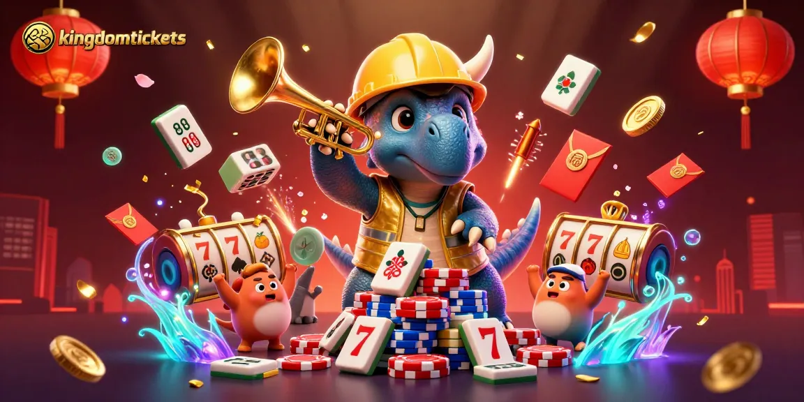 Permainan slot dan kasino seru di kingdomtickets dengan karakter dinosaurus kartun dan simbol keberuntungan yang penuh warna.