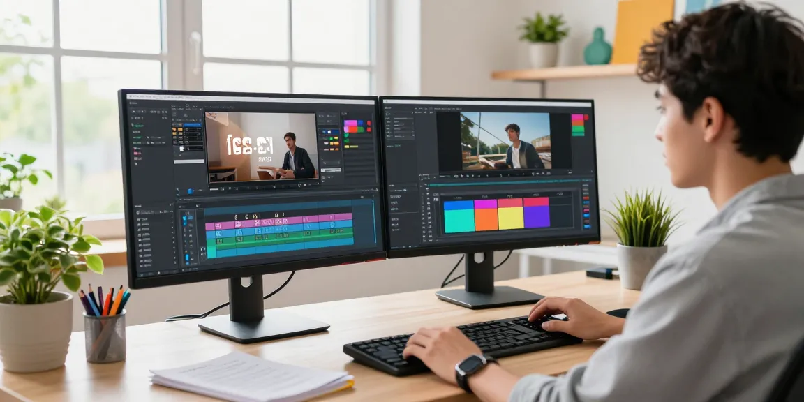 Easily add text to video in a vibrant home office workspace with modern editing tools and customization options.