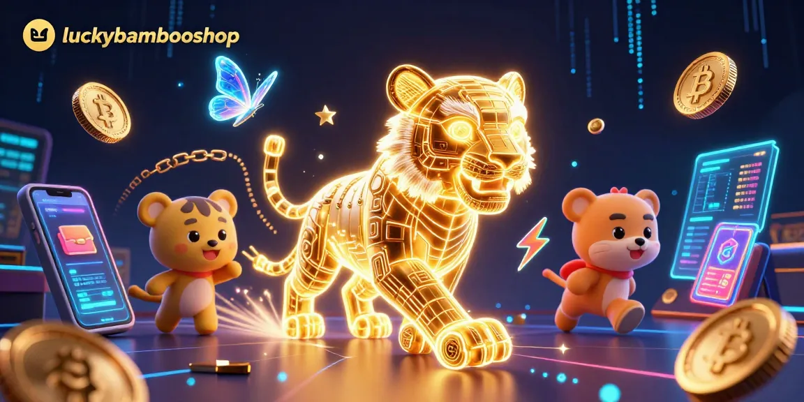 Permainan slot online luckybambooshop dengan karakter harimau emas cerah dan koin crypto menambah keseruan judi.