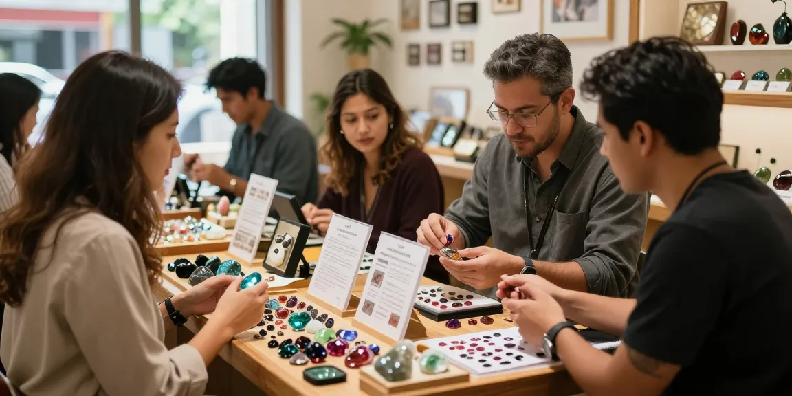 Gemstone enthusiasts exploring quality offerings at https://www.mygemspot.com in a vibrant marketplace.