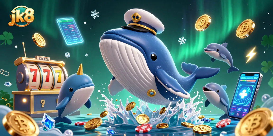 Engage with jk8's thrilling slot games while collecting winnings from a vibrant scene of whales and dolphins.