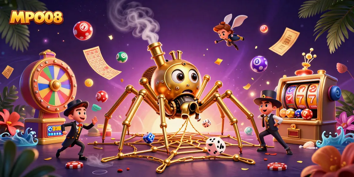 MPO08 illustrates thrilling online slots with a steampunk spider caught in a web of jackpots.