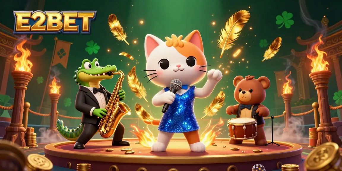 Join the excitement at E2BET with a lively casino scene featuring animated performers and vibrant game elements.
