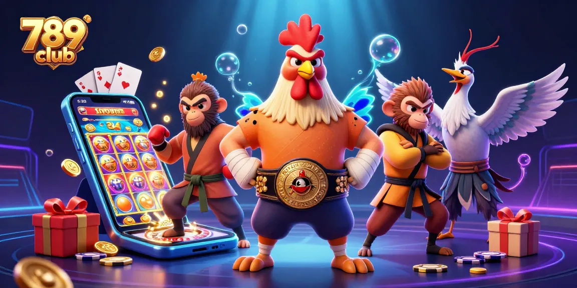Play exciting games at 789 club with a vibrant 3D scene featuring animated characters and casino elements.