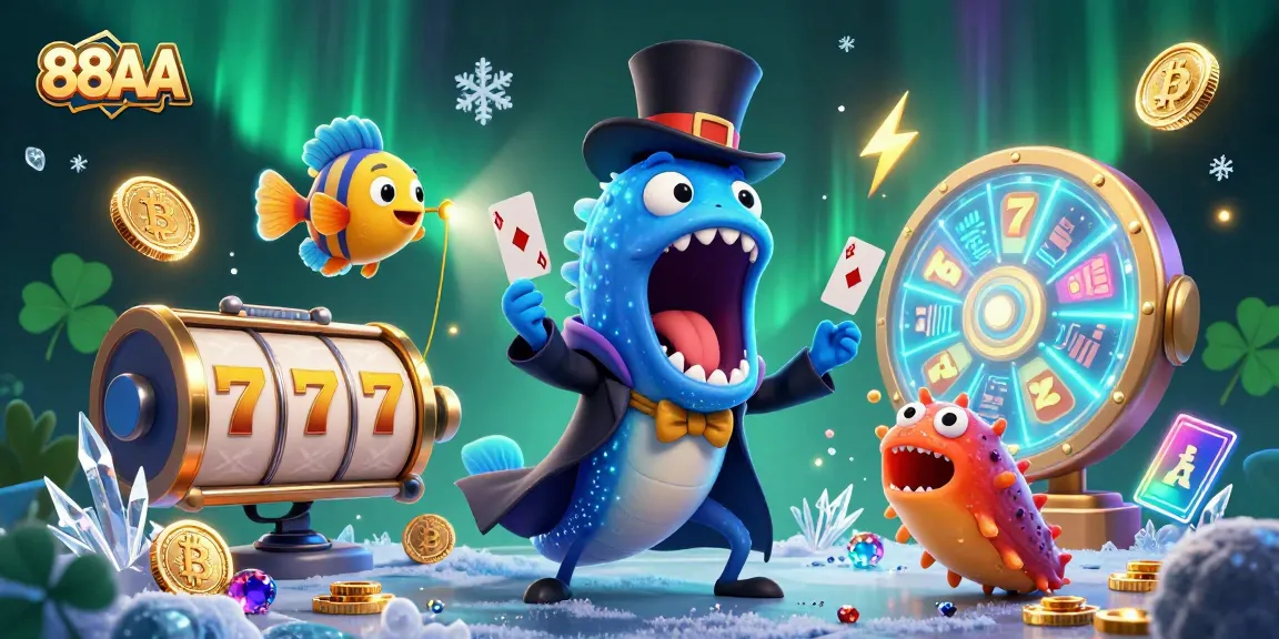 Immerse in 88AA's magical casino experience with a cartoon magician eel, luminescent anglerfish, and slot reels.