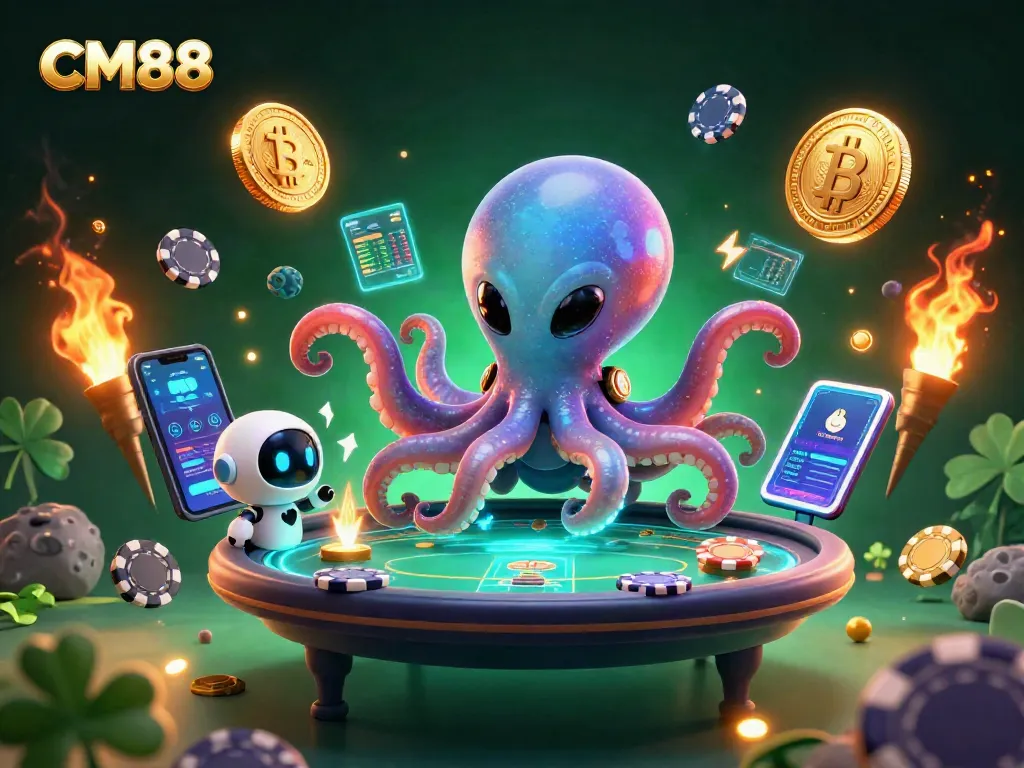 Join CM88 for an exciting poker experience with a cosmic octopus and robot in a vibrant casino scene.