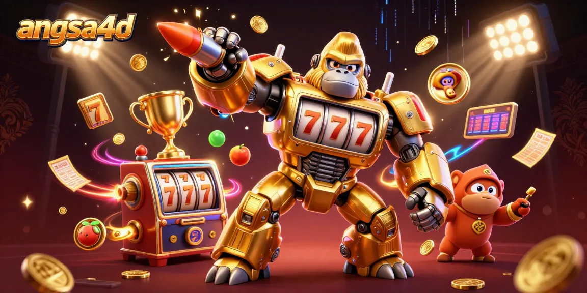 Experience thrilling wins with angsa4d in this vibrant 3D slot game illustration showcasing a golden gorilla mech and casino elements.