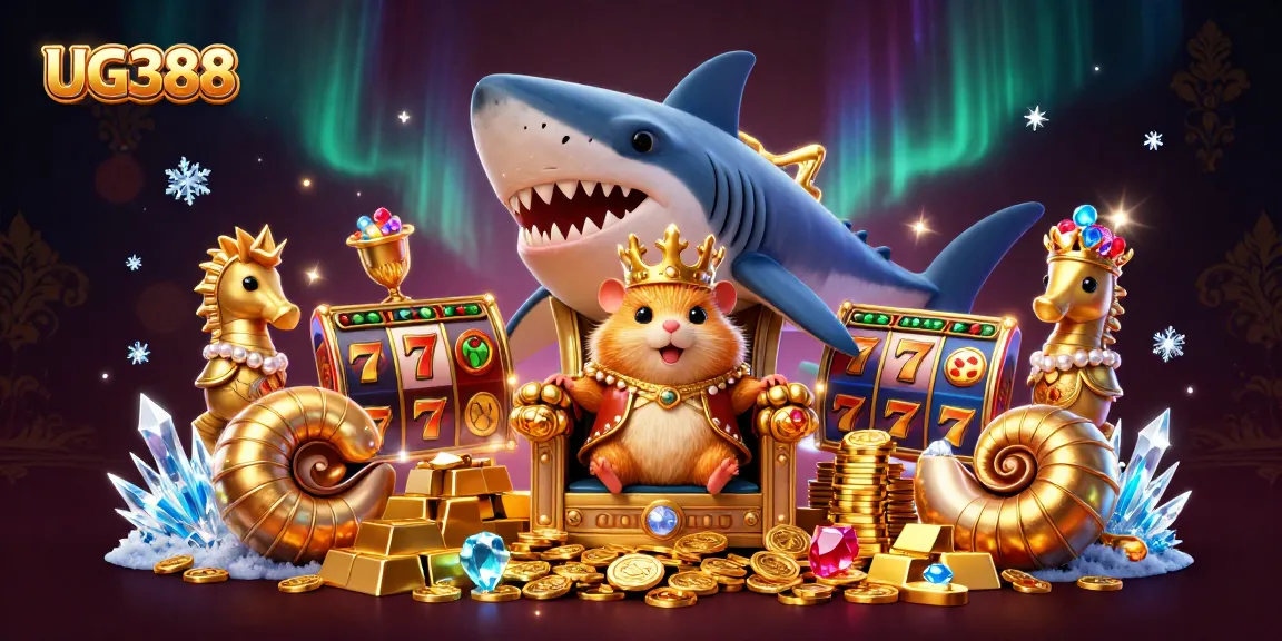 Experience the excitement of UG388 with this vibrant casino scene featuring a golden hamster king amidst treasure and gaming elements.