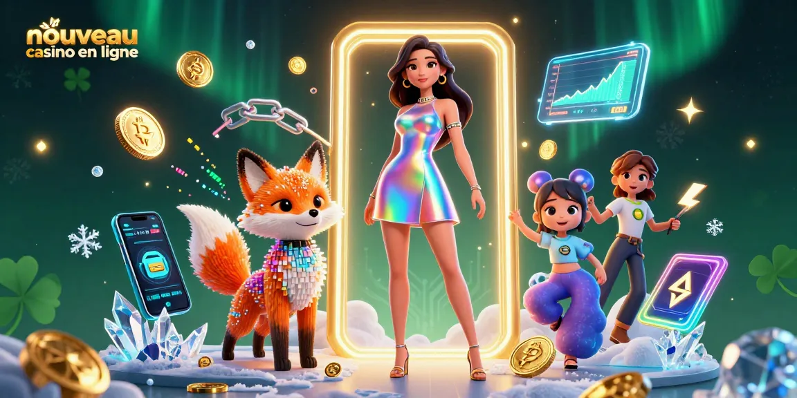 Experience the vibrant world of nouveau casino en ligne with this immersive 3D illustration depicting a stylish woman and colorful fox amidst a dazzling display of digital casino elements.