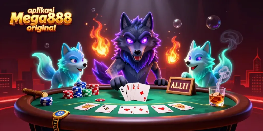 Engage with the aplikasi mega888 original illustration showing vibrant poker gameplay with a spectral wolf pack.