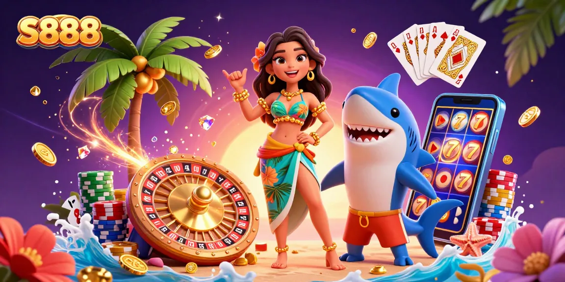 S888 casino scene showcasing a glamorous woman and a surfer shark surrounded by coins and game elements.
