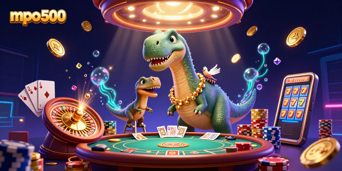 Experience the mpo500 gaming excitement featuring a brontosaurus casino tower with dynamic card dealing