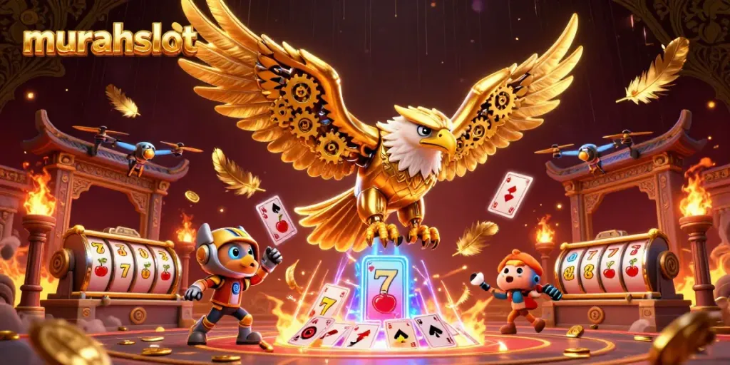 Meraih jackpot dengan murahslot, ilustrasi 3D menampilkan burung elang cybernetic terbang di atas kartu bermain holografik dalam suasana kasino.