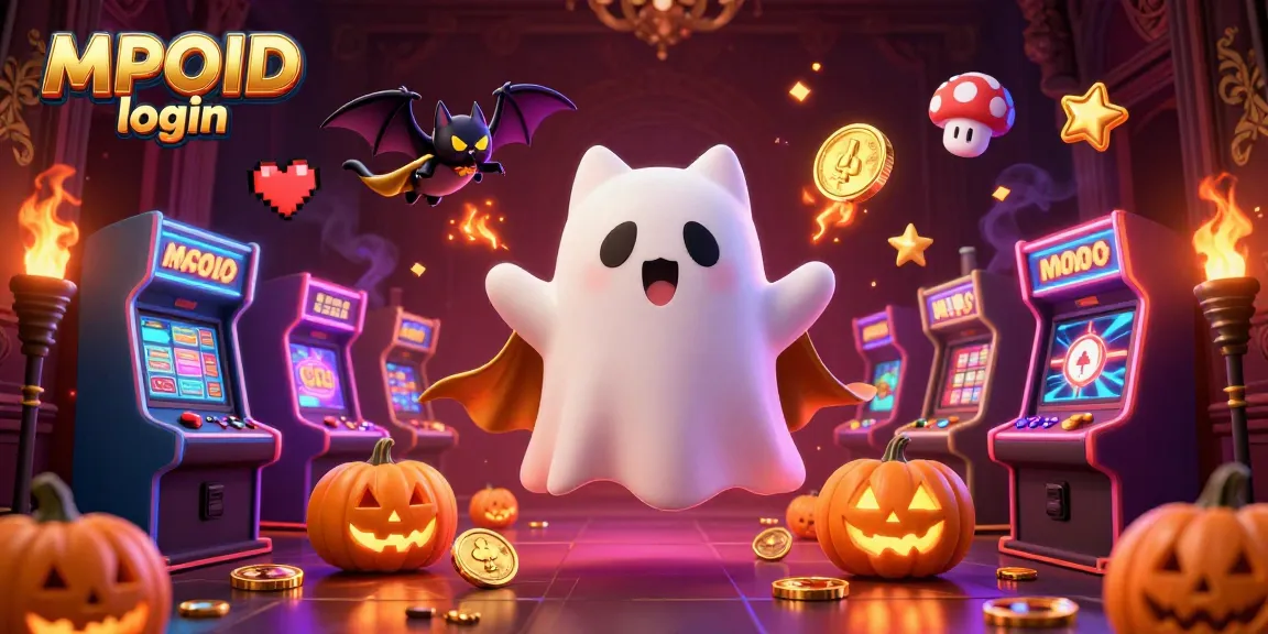 Engage in fun gaming adventures with MPOID login, featuring a friendly ghost cat and vibrant gaming elements in a haunted casino.