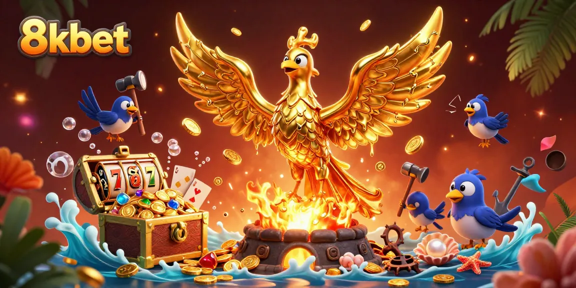 Win big with 8kbet: a vibrant design featuring a golden phoenix and slot reels overflowing with coins.