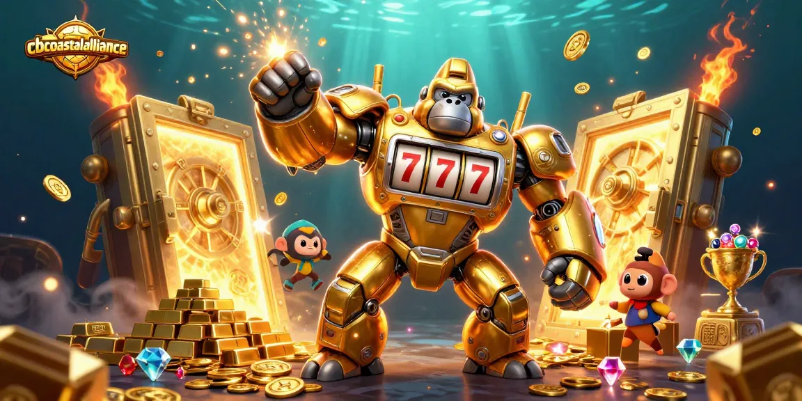 Engage with excitement at cbcoastalalliance, featuring a dynamic golden gorilla mech amidst riches and casino treasures.