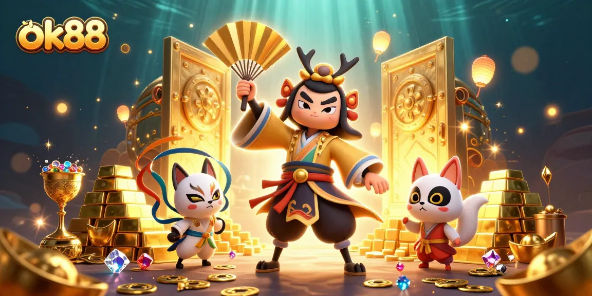 Experience the thrill of ok88 with a dynamic scene featuring kabuki characters and gold treasures.