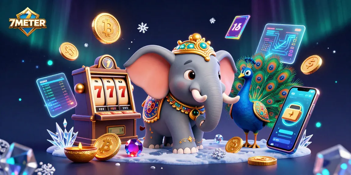 Engage with 7METER's vibrant 3D casino illustration featuring an elephant and peacock amidst slot games and cryptocurrencies.