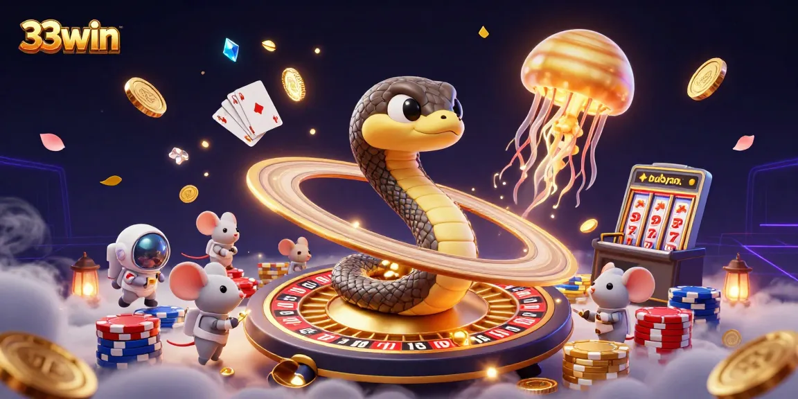 Exciting scene showcasing 33win with a Saturn ring snake, casino games, and astronaut mice betting.