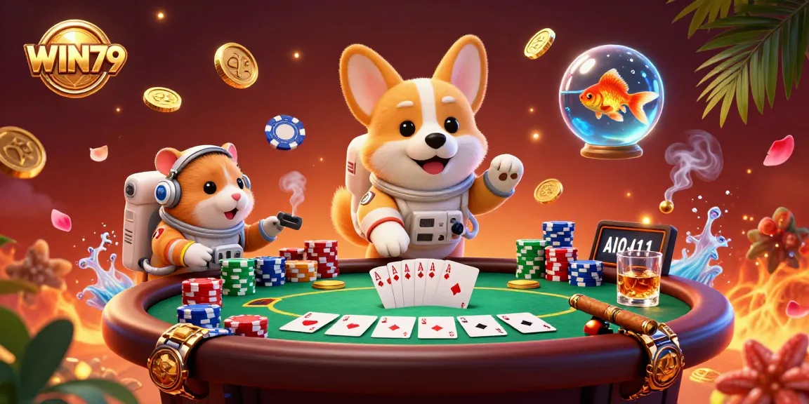 Experience thrilling poker action at WIN79 with a fun astronaut corgi and friends in a vibrant casino scene.