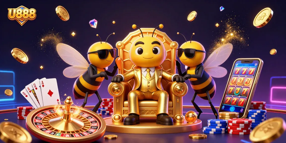 Engage in thrilling U888 gaming with a lively scene of a bee mob boss and riches galore.