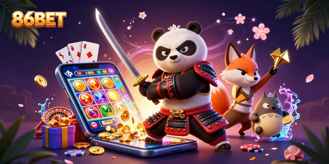 Engage in thrilling gameplay with 86BET, showcasing vibrant characters and dynamic casino elements.