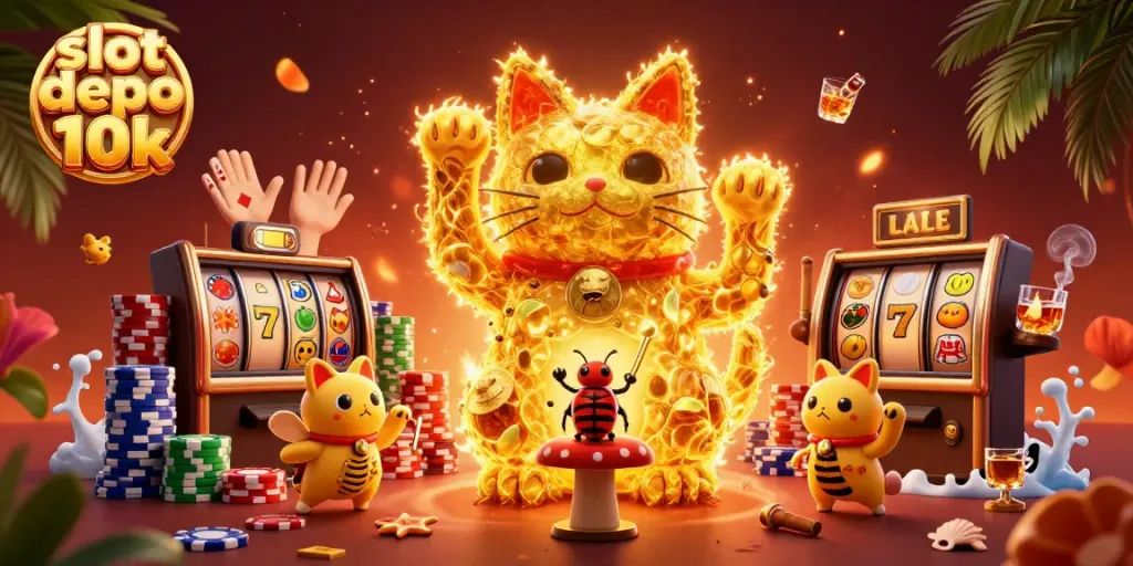 Gambarkan slot depo 10k dalam ilustrasi kasino online dengan mesin slot dan karakter unik.