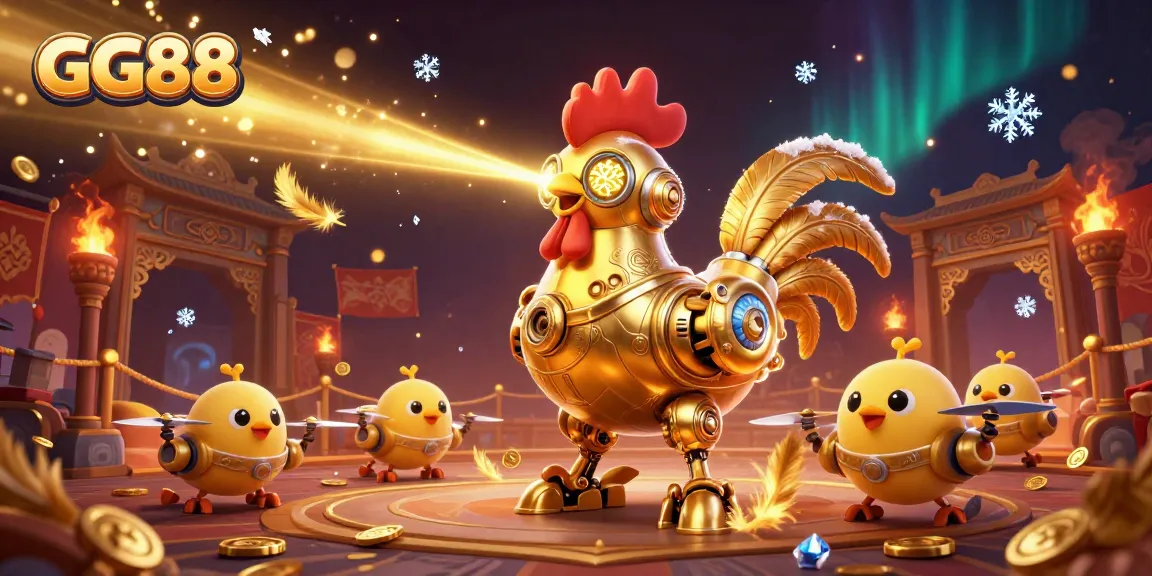 Experience GG88 with a dynamic 3D illustration of a golden rooster robot and baby chick drones in an online casino setting.