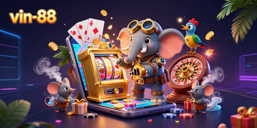 Spin and win at vin-88 with a thrilling steampunk casino experience featuring dynamic games and vibrant characters.
