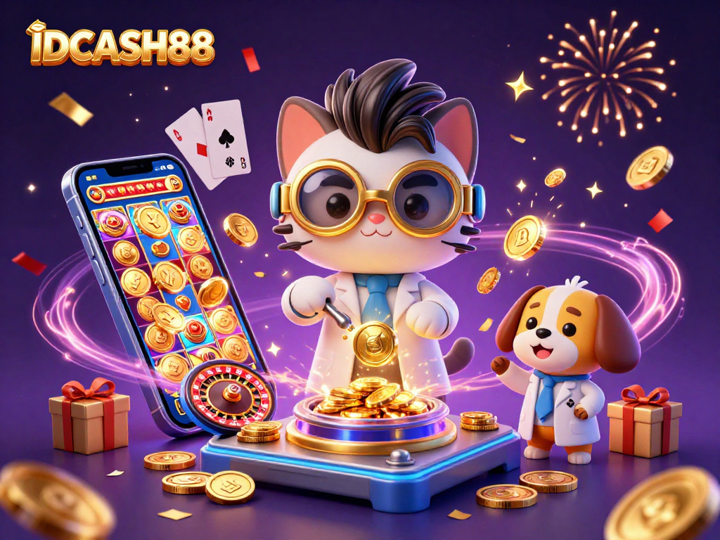 Spin your luck with IDCASH88's animated scenes showcasing thrilling casino adventures.