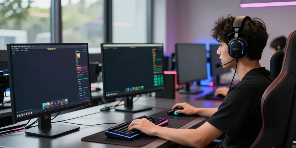 Engaging Singatoto gaming scene with a focused gamer immersed in multiple screens.