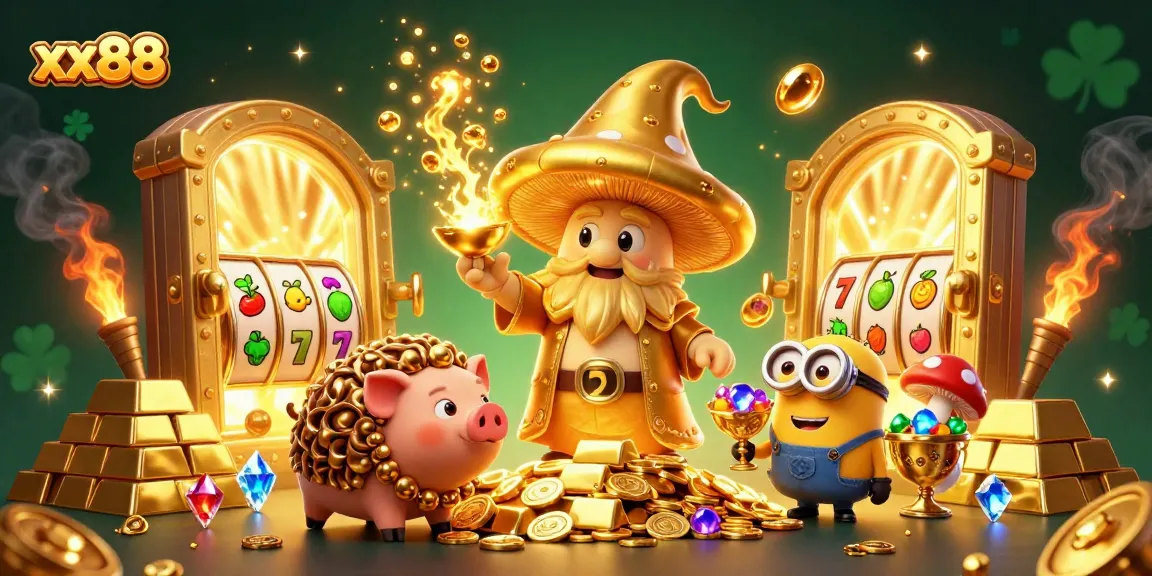Engage with the magic of xx88 casino adventures featuring a golden mushroom wizard and treasures.