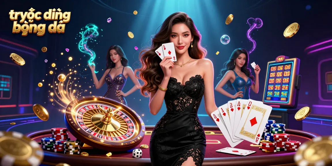 Engage with trực tiếp bóng đá via interactive illustration of a skilled player holding ace cards amidst dynamic casino elements.