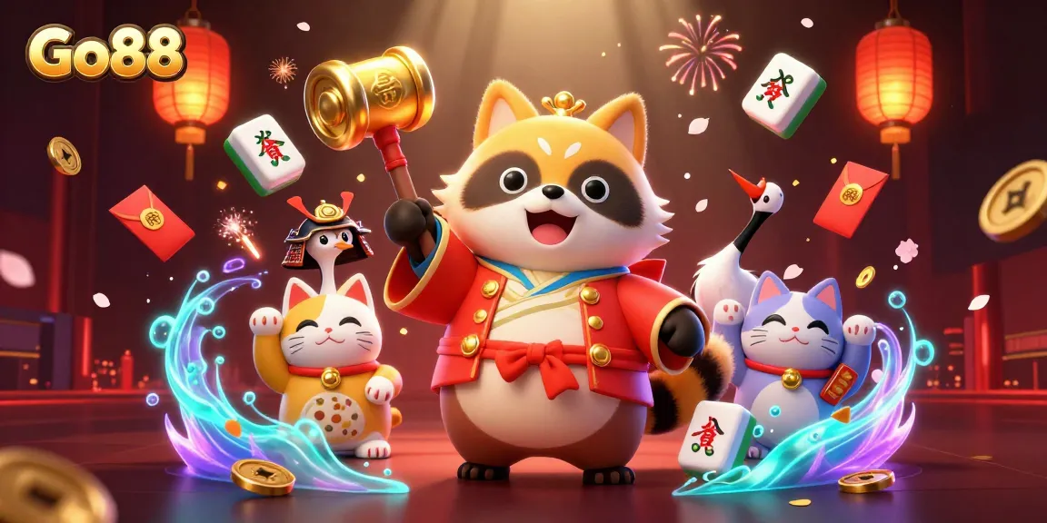 Go88 players engaging with a vibrant casino illustration featuring festive characters and gaming elements.