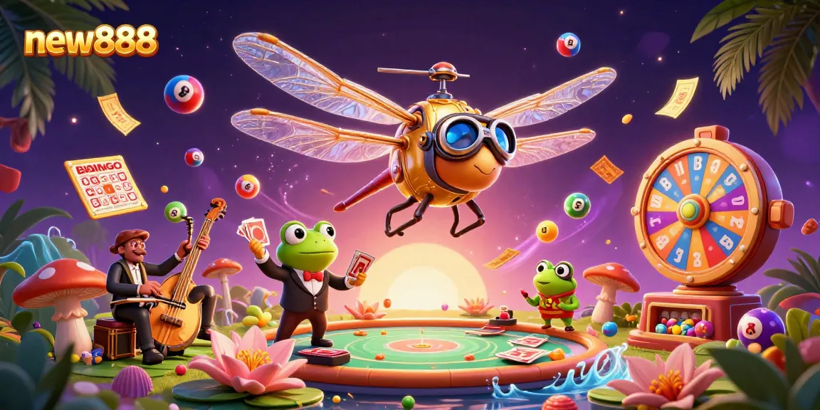 Experience thrilling games at new888, featuring a lively casino scene with vibrant elements.