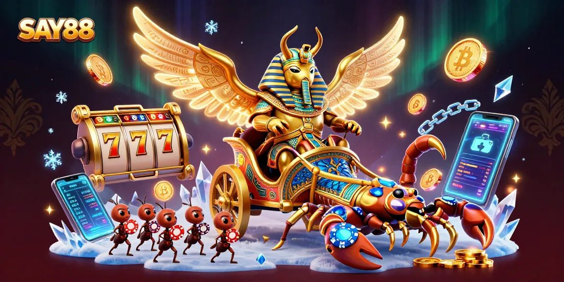 Engage in thrilling gaming at SAY88 with jackpot reels and Bitcoin elements surrounding action-packed 3D illustration.