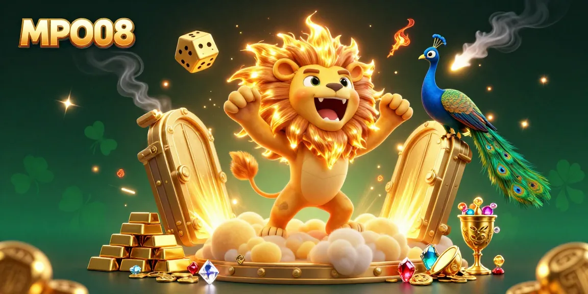 MPO08 brings excitement with a vibrant illustration featuring a roaring lion amidst golden treasure and dynamic gaming elements.