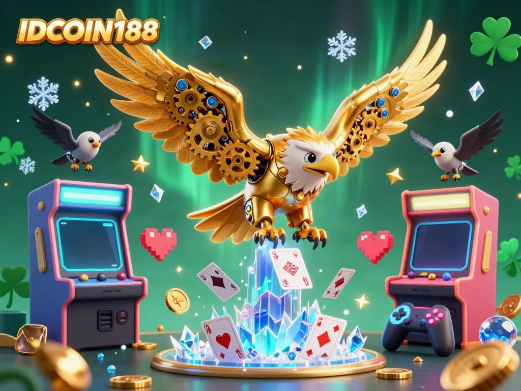 Engage in thrilling gaming with IDCOIN188's golden eagle soaring through vibrant holographic cards.