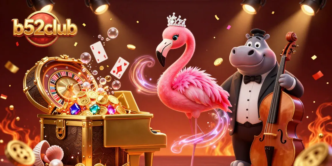 Experience exciting wins at b52club with a vibrant casino lounge scene featuring engaging characters.