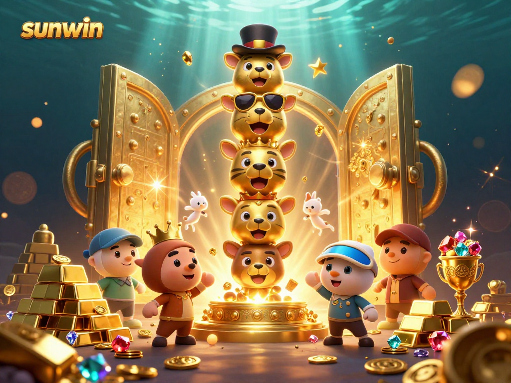 Experience sunwin's vibrant casino scene with a golden totem pole and treasure vault, perfect for gamblers.